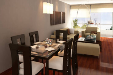 Decorar sala comedor integrada en departamento moderno con muebles de madera, sofá y luz natural