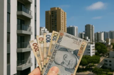 Mano sosteniendo billetes peruanos frente a un edificio moderno en Lima, representando el ahorro para la cuota inicial de un departamento
