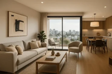 Sala moderna de un departamento boutique en Lima, con ventanales amplios, vista a la ciudad y decoración minimalista en tonos cálidos.