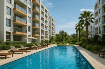 Complejo residencial moderno en Lima con piscina al aire libre, rodeada de edificios de departamentos, palmeras y áreas verdes.
