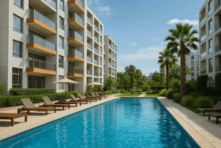 Complejo residencial moderno en Lima con piscina al aire libre, rodeada de edificios de departamentos, palmeras y áreas verdes.
