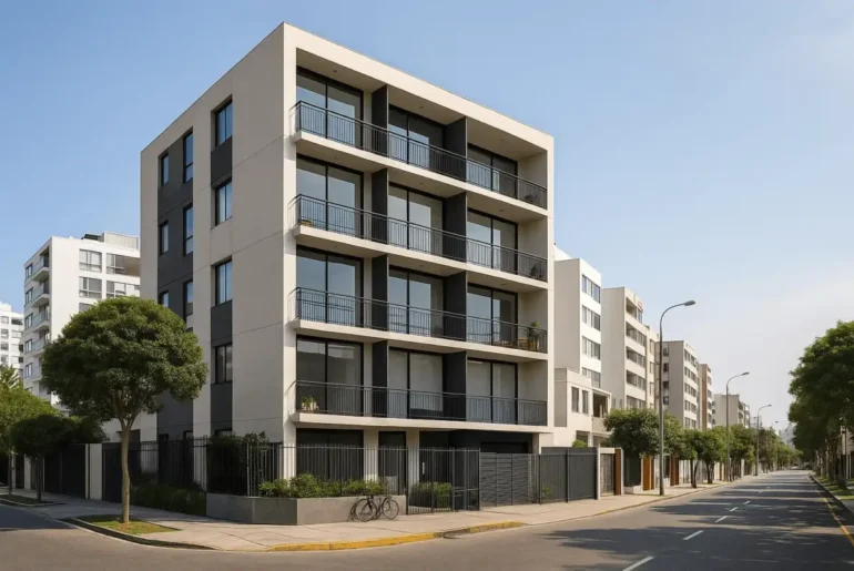 edificio moderno en Lima sin cochera visibles, en una calle residencial tranquila