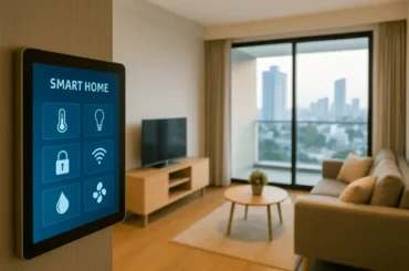 Interior moderno de un departamento inteligente en Lima con vista a la ciudad y sistema de control domótico en la pared.