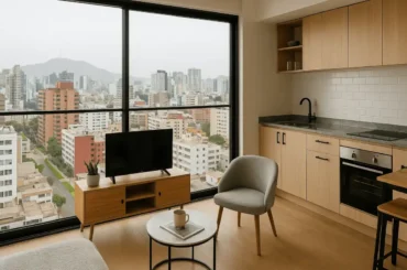 Interior de un microdepartamento moderno en Lima con vista panorámica de la ciudad desde una gran ventana, mostrando edificios residenciales y de oficinas.