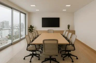 Sala de reuniones moderna en un edificio de departamentos en Lima, ideal para teletrabajo.