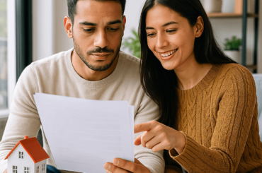 Pareja joven revisando documentos de compra de departamento mientras sostienen una maqueta de casa en una sala iluminada. Compra en pareja