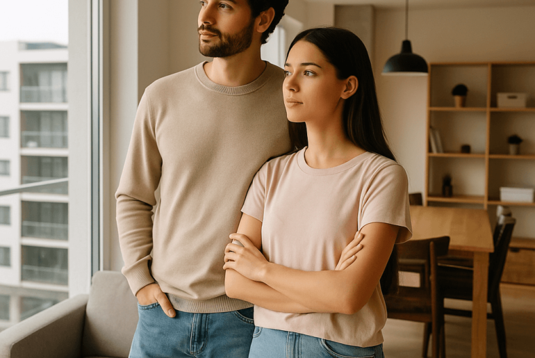 Jóvenes de la Generación Z visitando un departamento nuevo en Lima, con diseño moderno, espacios iluminados y ambiente minimalista. Generación Z en Lima