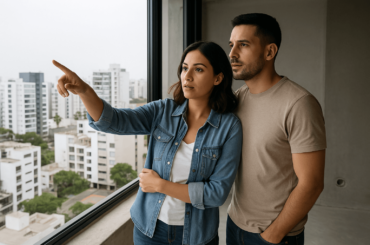 Pareja joven observando la vista desde un departamento moderno en Lima, evaluando opciones de compra de vivienda. los puntos más importantes al momento de elegir un departamento en Lima Moderna