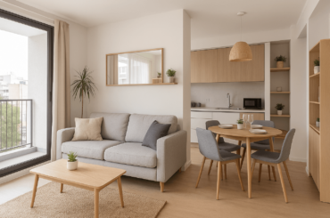 Sala comedor integrada en un departamento moderno y minimalista en Lima, con muebles multifuncionales, colores claros y luz natural que optimiza el espacio. 5 tips para sacarle el jugo al espacio de tu departamento y vivir con comodidad