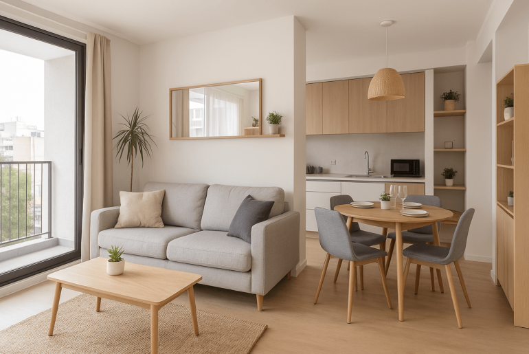 Sala comedor integrada en un departamento moderno y minimalista en Lima, con muebles multifuncionales, colores claros y luz natural que optimiza el espacio. 5 tips para sacarle el jugo al espacio de tu departamento y vivir con comodidad