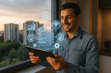 Joven usando una tablet con hologramas de un edificio moderno y símbolos tecnológicos, representando la innovación en proyectos inmobiliarios en Lima. tecnologías que están revolucionando los proyectos inmobiliarios en Lima moderna