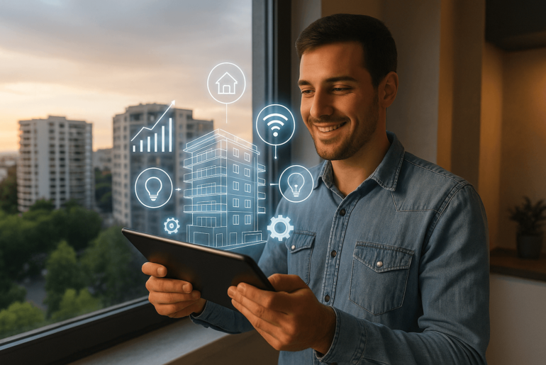 Joven usando una tablet con hologramas de un edificio moderno y símbolos tecnológicos, representando la innovación en proyectos inmobiliarios en Lima. tecnologías que están revolucionando los proyectos inmobiliarios en Lima moderna