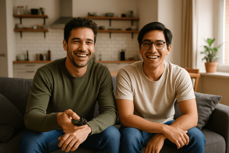 Dos jóvenes roomates sentados en la sala de un departamento moderno en Lima, sonrientes y compartiendo un momento de convivencia en un ambiente acogedor y luminoso.