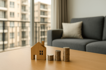 Simbolismo de inversión inmobiliaria: una casa de madera y monedas apiladas en un departamento moderno, representando la decisión entre comprar o alquilar un inmueble en Lima.