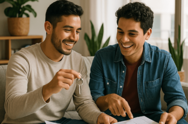 Dos jóvenes peruanos sonríen mientras revisan los planos y las llaves de su nuevo departamento en Lima, reflejando el logro de comprar juntos su primer hogar. departamento-con-tu-roomie