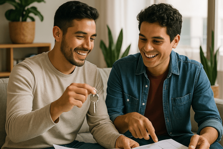 Dos jóvenes peruanos sonríen mientras revisan los planos y las llaves de su nuevo departamento en Lima, reflejando el logro de comprar juntos su primer hogar. departamento-con-tu-roomie