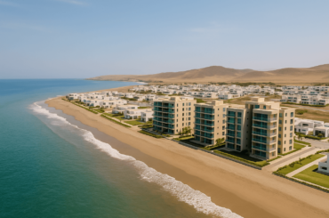 Vista aérea de modernos departamentos frente al mar en la costa peruana, con arquitectura contemporánea y amplias áreas verdes, reflejando proyectos inmobiliarios de playa en Perú.