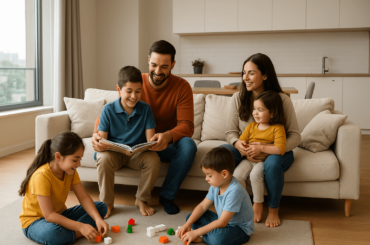 Familia peruana numerosa compartiendo momentos en un departamento moderno y luminoso, ideal para familias grandes que buscan comodidad y espacio.