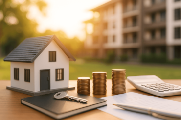 Modelo de casa junto a monedas, llaves y una calculadora sobre una mesa, simbolizando el financiamiento inmobiliario y la compra de departamentos en Perú.