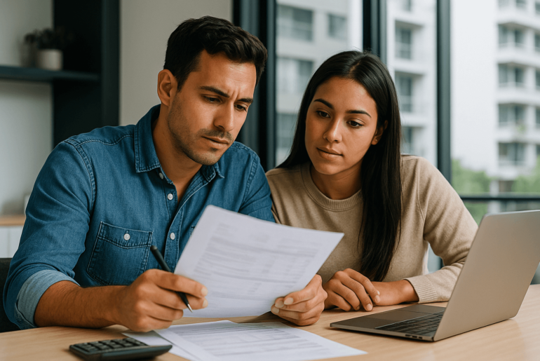 Pareja joven peruana revisando documentos financieros en una oficina moderna con luz natural, representando planificación y asesoría para adquirir un departamento mediante hipoteca inversa.
