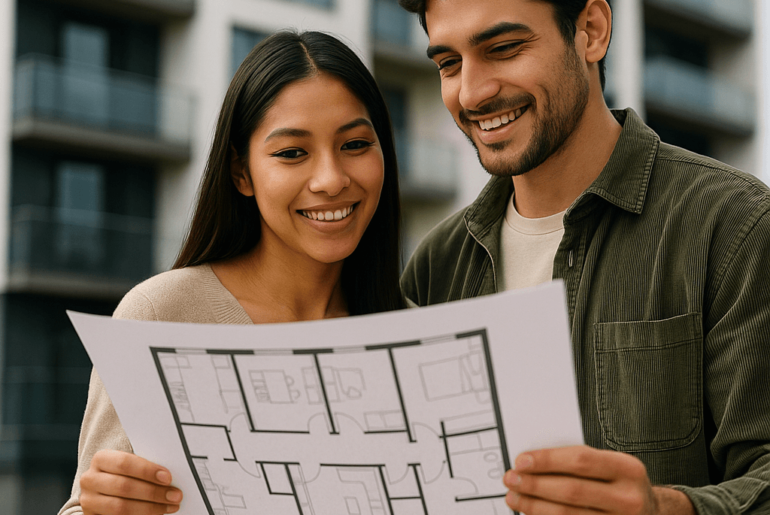 Pareja joven peruana sonriendo mientras observa los planos de su futuro departamento frente a un edificio moderno, simbolizando la elección entre modalidades de compra inmobiliaria.