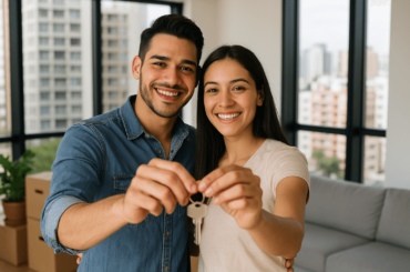 Pareja joven peruana sonriente recibiendo las llaves de su nuevo departamento propio en Lima, simbolizando independencia, logro y felicidad en su nuevo hogar.