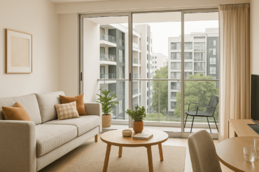 Sala moderna y luminosa en un departamento nuevo, con balcón hacia edificios residenciales, muebles minimalistas y ambiente cálido ideal para quienes buscan vivienda con Crédito MiVivienda. presupuesto