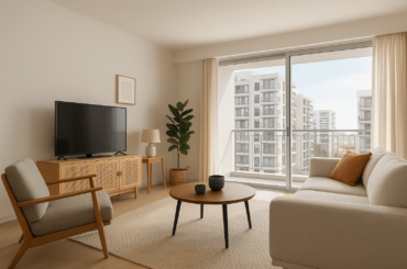 Sala moderna y luminosa en un departamento nuevo con vista a edificios residenciales, representando opciones actuales para comprar tu primer departamento en Lima.