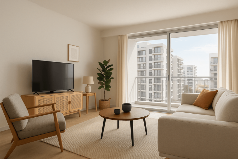 Sala moderna y luminosa en un departamento nuevo con vista a edificios residenciales, representando opciones actuales para comprar tu primer departamento en Lima.