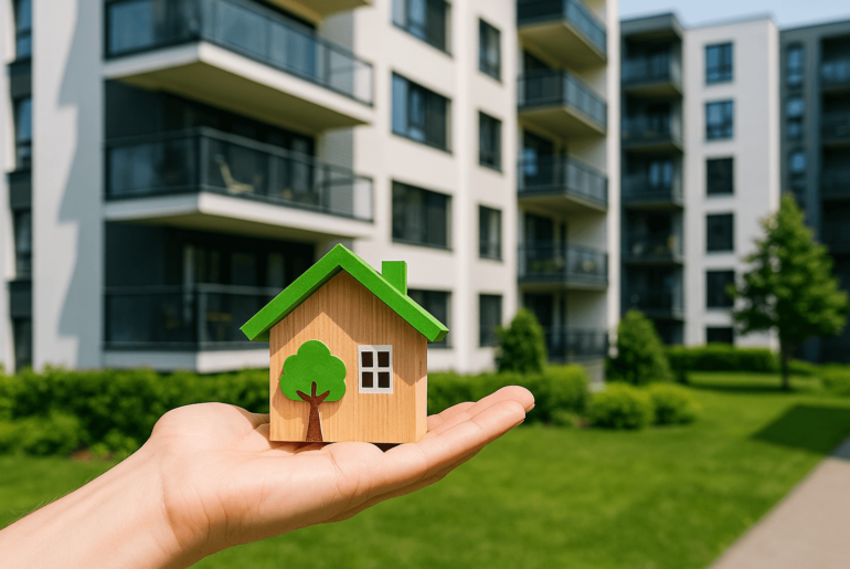 Modelo de casa ecoeficiente sostenido en la mano frente a edificios modernos, representando el Bono MiVivienda Verde y la compra de viviendas sostenibles.