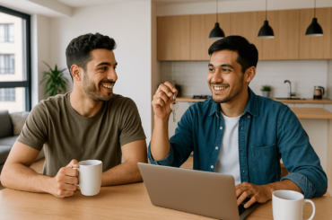 Jóvenes roomies celebrando la compra de su nuevo departamento en Lima, concepto de coliving e independencia financiera.