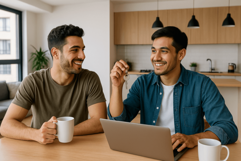 Jóvenes roomies celebrando la compra de su nuevo departamento en Lima, concepto de coliving e independencia financiera.