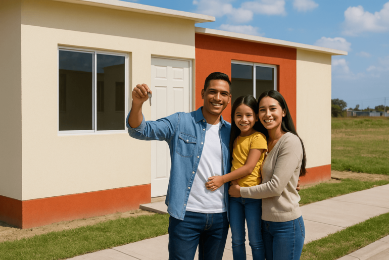 Familia peruana recibiendo las llaves de su nueva casa adquirida con Crédito Techo Propio en un proyecto de vivienda social.