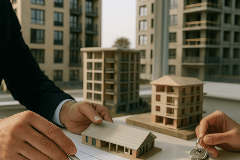 Escena realista de asesoría para compra de departamento, con planos arquitectónicos, llaves y maquetas de edificios representando modalidades en planos, en construcción y entrega inmediata