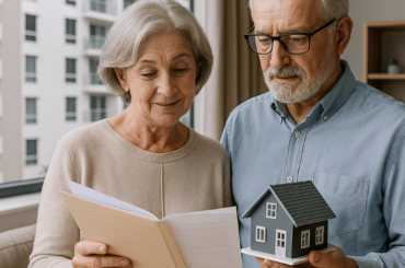 Pareja adulta mayor revisando documentos relacionados a una hipoteca inversa mientras sostienen una maqueta de vivienda, en un departamento moderno.