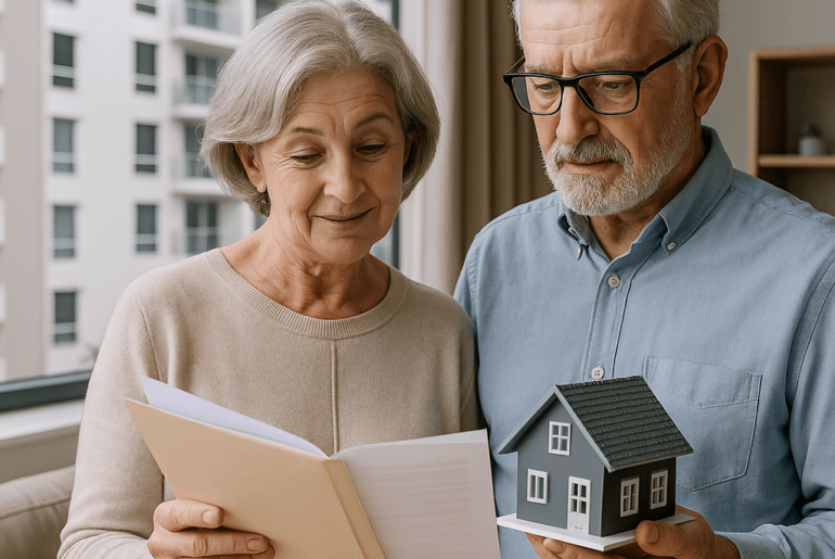 Pareja adulta mayor revisando documentos relacionados a una hipoteca inversa mientras sostienen una maqueta de vivienda, en un departamento moderno.