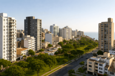 Vista panorámica de zonas residenciales modernas en Lima con edificios nuevos, áreas verdes y el mar de fondo, representando las mejores zonas para vivir en 2026. Las mejores zonas de Lima para vivir en 2026