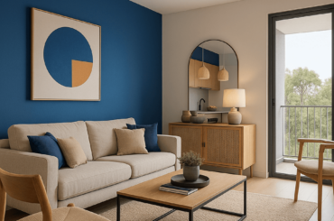 Sala moderna con tendencias de diseño 2026: tonos azules, madera natural, luz natural y muebles de formas orgánicas en un departamento contemporáneo.