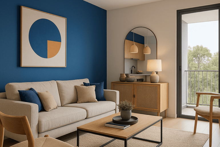 Sala moderna con tendencias de diseño 2026: tonos azules, madera natural, luz natural y muebles de formas orgánicas en un departamento contemporáneo.