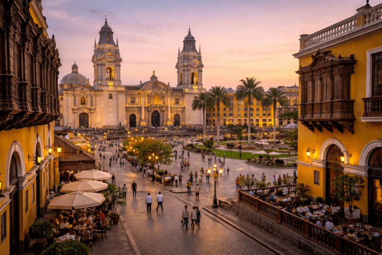 Plaza Mayor del Centro Histórico de Lima con edificios coloniales, balcones tradicionales y vida urbana, representando la experiencia de vivir en barrios históricos al comprar un departamento.