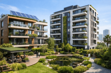 Edificio residencial moderno y sostenible en Perú, con áreas verdes, diseño contemporáneo y soluciones de eficiencia energética, representando la construcción sostenible y las certificaciones verdes en departamentos nuevos.