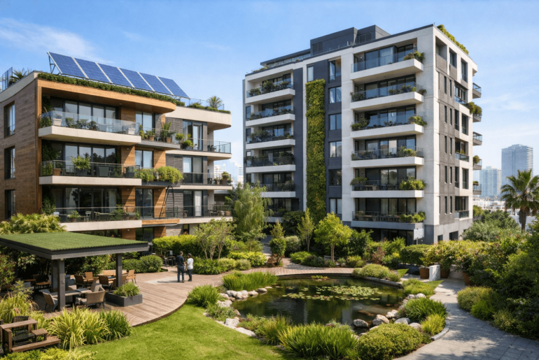 Edificio residencial moderno y sostenible en Perú, con áreas verdes, diseño contemporáneo y soluciones de eficiencia energética, representando la construcción sostenible y las certificaciones verdes en departamentos nuevos.