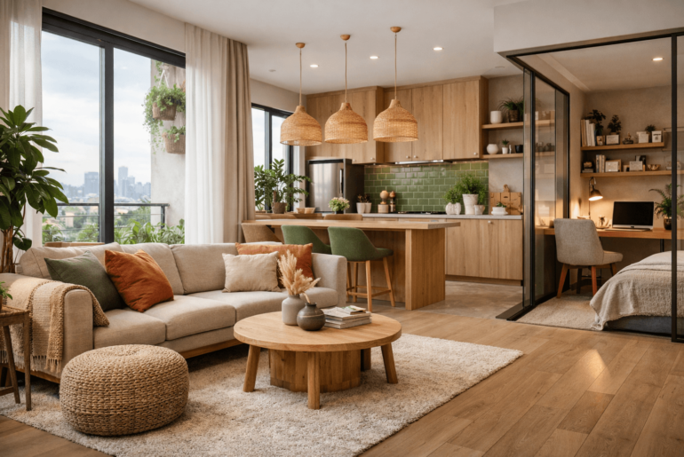 Departamento moderno con diseño de interiores 2026, espacios multifuncionales, materiales naturales y estilo contemporáneo aplicado a viviendas nuevas.