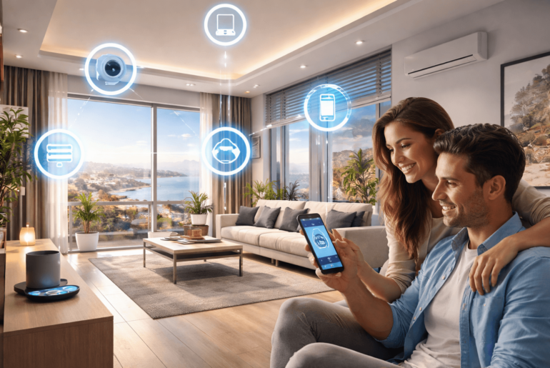 Interior de departamento moderno en Lima con sistema de domótica, iluminación inteligente y control del hogar desde el celular. Hogares inteligentes