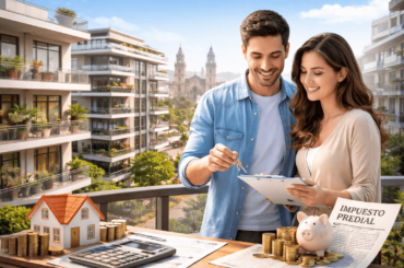 Pareja revisando documentos y llaves de un departamento nuevo en Lima, representando el pago del impuesto predial 2026 y la compra de vivienda en Perú.