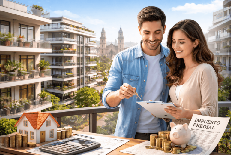 Pareja revisando documentos y llaves de un departamento nuevo en Lima, representando el pago del impuesto predial 2026 y la compra de vivienda en Perú.