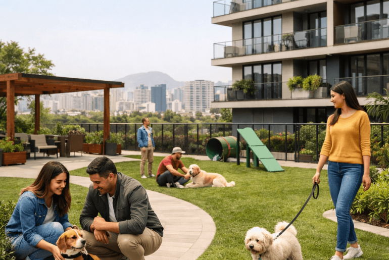 Edificio pet-friendly en Lima con áreas comunes verdes donde residentes disfrutan junto a sus mascotas en un entorno moderno y seguro