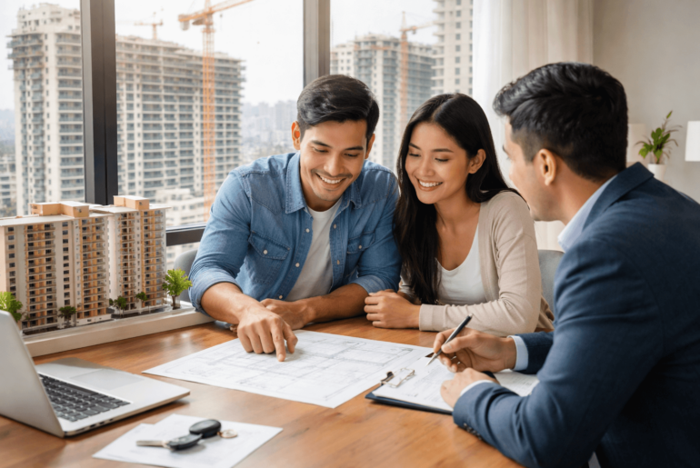 Pareja revisando planos de un departamento nuevo junto a un asesor inmobiliario durante el proceso de negociación del precio de compra en Perú.