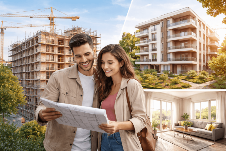 Pareja evaluando la compra de un departamento nuevo, comparando un proyecto en planos con uno de entrega inmediata en Lima, Perú.