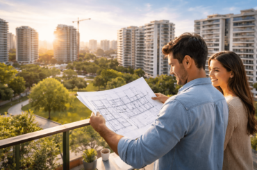 Pareja evaluando planos de un departamento nuevo con vista a una zona urbana en crecimiento, concepto de plusvalía proyectada antes de comprar vivienda en Perú.